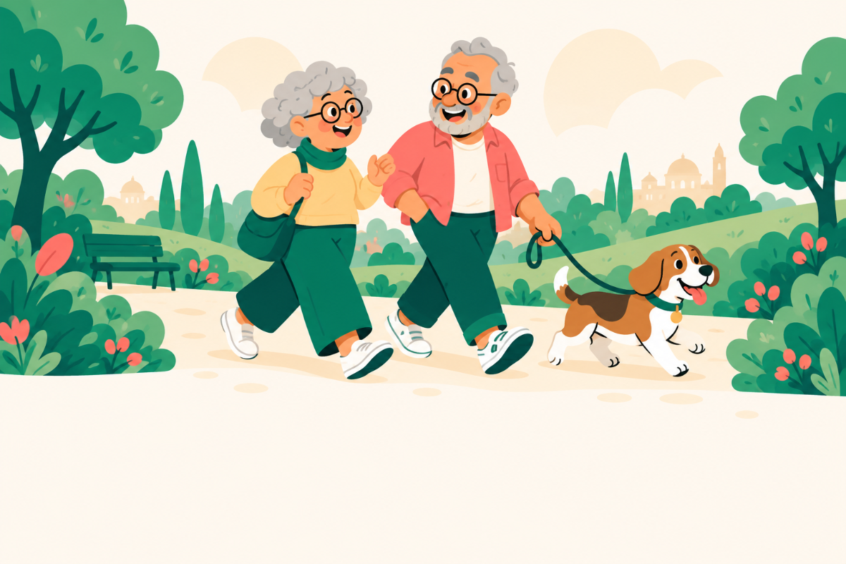 An older couple walking together in a park with a beagle