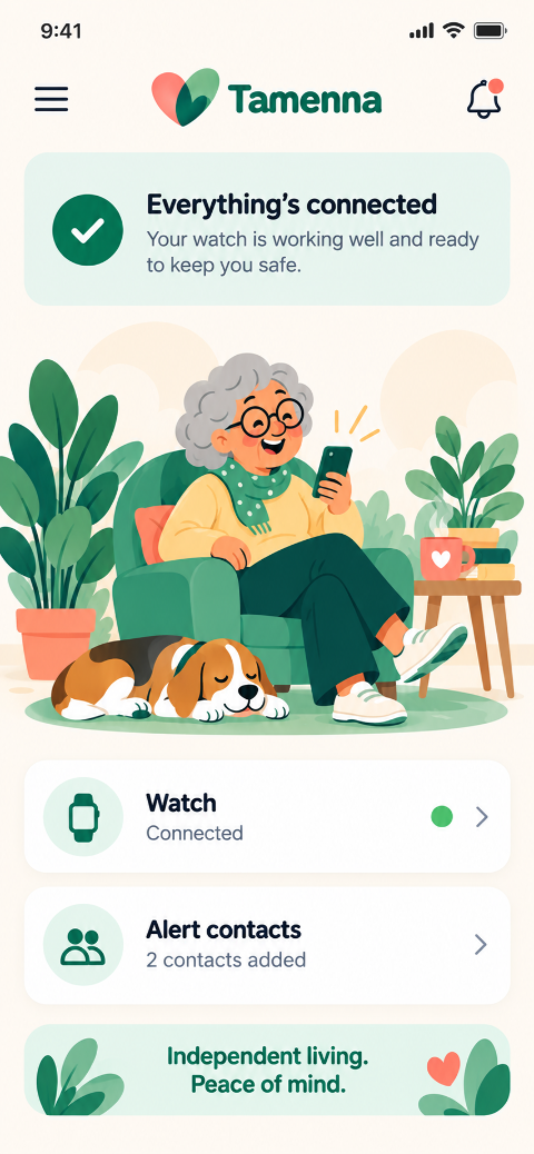Tamenna home screen showing everything is connected
